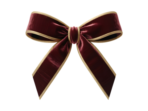 Elegant burgundy velvet Christmas bow with shimmering gold trim, isolated on black. Perfect for festive holiday gift wrapping, luxurious decor, and winter season designs. Add a touch of rich, tradi