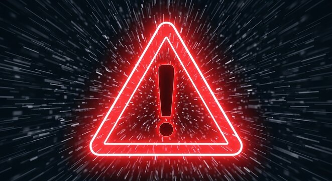 Glowing red warning triangle with exclamation mark, symbolizing danger, alert, error, or critical notification