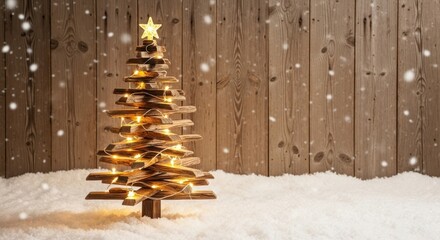 Rustic wooden christmas tree with lights on snow and wood wall