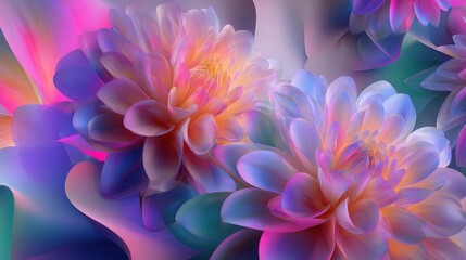 Obraz premium Hyper creative neon floral waves blending into geometric shapes, dreamy depth, soft blur in background, crisp foreground shapes, ultra detailed