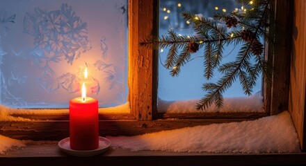 Cozy candle glow on frosty window sill during winter evening