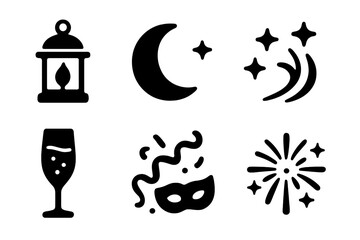 Night Festivity Icons. Night festivities. Filled icon set of Night festivities: lantern, moon, star cluster,