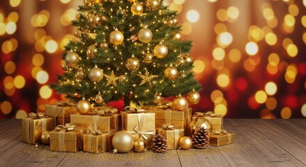 Golden christmas tree, presents, and warm festive bokeh lights