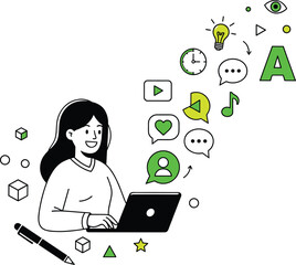 Digital interaction scene—person at laptop with multimedia icons for online communication and content creation visuals