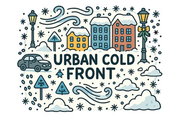 Fototapeta premium Urban Winter Wonderland. Urban cold front. Hand-drawn doodle illustration of Urban cold front. icy wind lines,