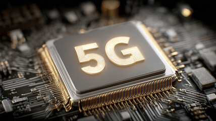 A dedicated 5G processor mounted on a circuit board representing high speed mobile connectivity and next generation network infrastructure.

