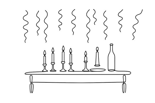 Minimalist Candlelight Supper. Festive candlelight supper. Minimalistic one-line drawing long table with