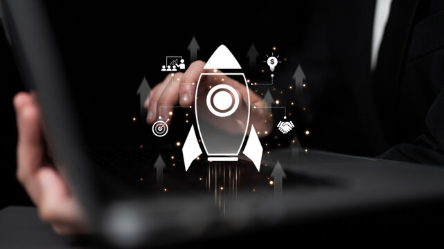 Startup launch and business growth concept, rocket symbolism, entrepreneurship, startup innovation, and early-stage success strategies for new business development and expansion. Spline