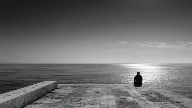 Solitary figure by ocean at sunset