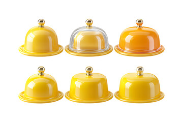 Six small yellow and orange plastic bell-shaped covers with gold handles.