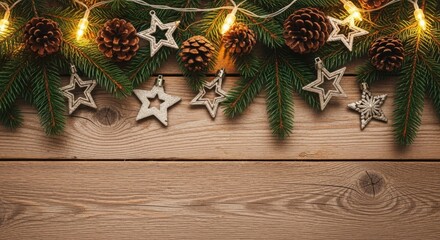 Festive christmas border with pine cones, stars, lights, wood
