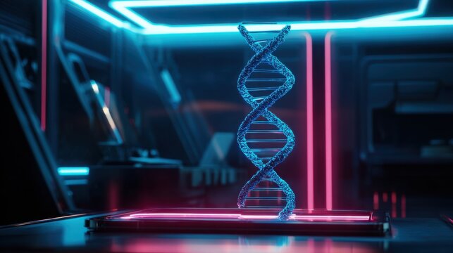 Hyper detailed DNA double helix hologram hovering above a sleek AI workstation, neon blue and pink illumination, modern genetics lab setting, crisp