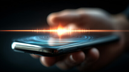 A modern smartphone interface visualizing biometric voice recognition through soundwaves, highlighting secure access and user authentication technology.