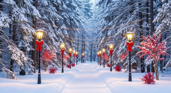 Winter wonderland path with illuminated lamps and red bows