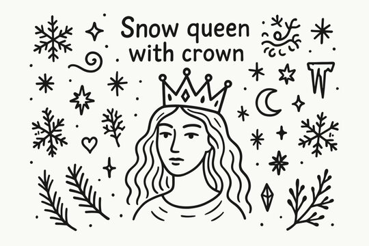 Snow Queen Doodle. Snow queen with crown. Hand-drawn doodle illustration of Snow queen with crown. In the