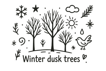 Obraz premium Winter Dusk Trees. Winter dusk trees. Hand-drawn doodle illustration of Winter dusk trees. Central doodle