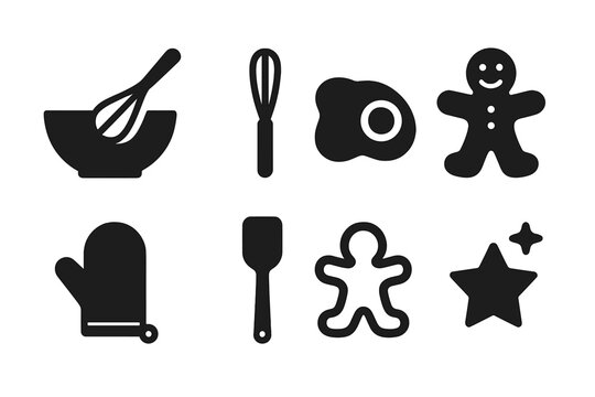 Festive Baking Icons. Festive baking time. Filled icon set of Festive baking time: mixing bowl, whisk, cookie