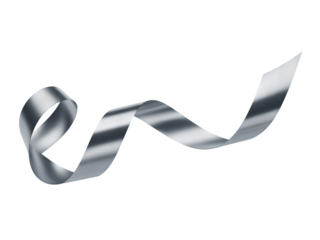 Elegant silver ribbon flowing gracefully on a stark black background. This luxurious metallic decorative element is perfect for sophisticated designs, festive branding, and celebration themes, offe
