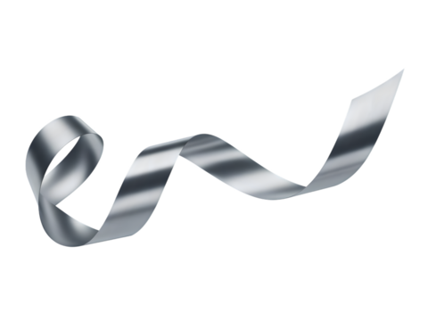Elegant silver ribbon flowing gracefully on a stark black background. This luxurious metallic decorative element is perfect for sophisticated designs, festive branding, and celebration themes, offe