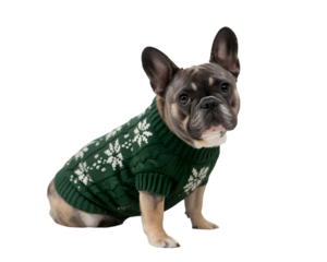 Adorable French Bulldog in a cozy green Christmas sweater with white snowflakes, perfect for festive holiday designs. Cute pet dog portrait isolated on black, ready for seasonal cheer and winter pr