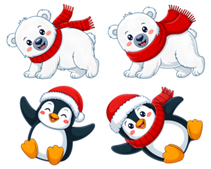 Cute Christmas cartoon animals collection: playful polar bears in scarves and joyful penguins in Santa hats, perfect for winter holiday designs and kids' projects.