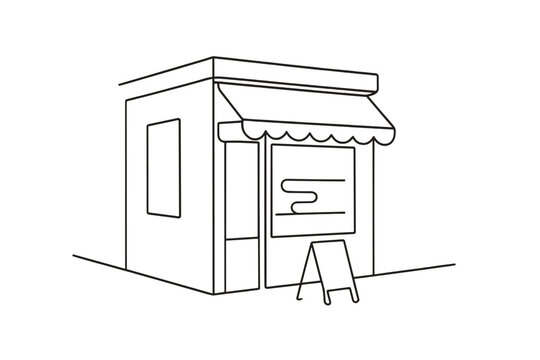 Minimalist Coffee Shop. Corner coffee shop. Minimalistic one-line drawing L-shaped storefront with window and