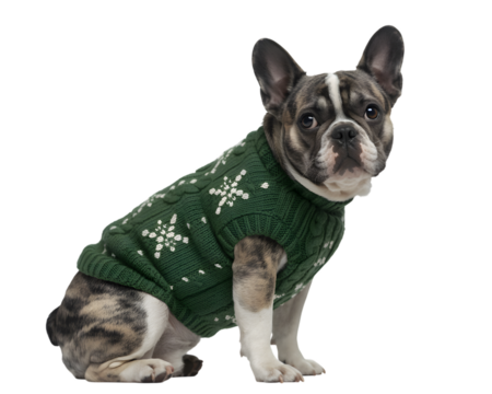 Cute French Bulldog puppy in a festive green Christmas sweater with white snowflakes, sitting on a black background. Adorable pet for holiday cheer, perfect for festive designs, seasonal greetings,
