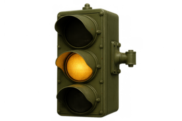Vintage traffic light showing yellow caution signal, controlling urban street intersection flow, transparent background