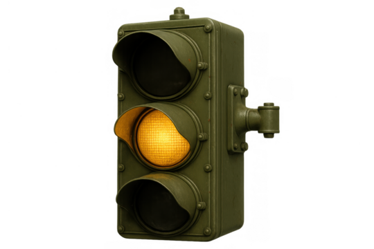 Vintage traffic light showing yellow caution signal, controlling urban street intersection flow, transparent background