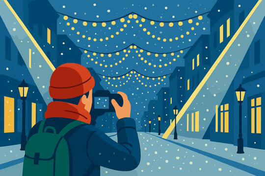 Festive Snowy Street Lights. Snowy city photo moment. A tourist captures festive street lights as snow falls