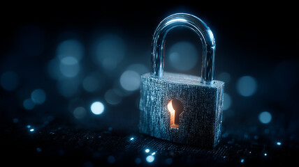 A metallic padlock illuminated in a glowing digital scene symbolizes data protection, cybersecurity infrastructure and secure information storage in digital networks.
