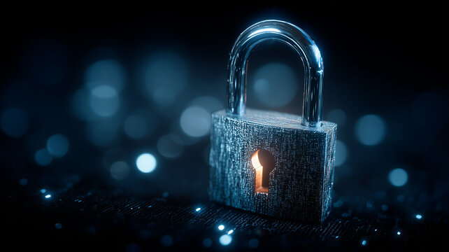 A metallic padlock illuminated in a glowing digital scene symbolizes data protection, cybersecurity infrastructure and secure information storage in digital networks.
- Powered by Adobe