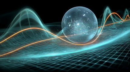 A glowing sphere floating over a grid of abstract waves represents quantum science, energy fields and futuristic physics visualization in technology.
