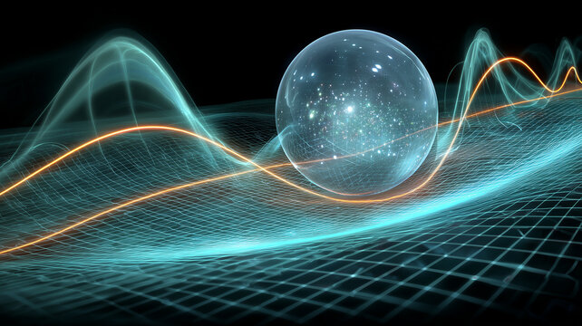 A glowing sphere floating over a grid of abstract waves represents quantum science, energy fields and futuristic physics visualization in technology.
