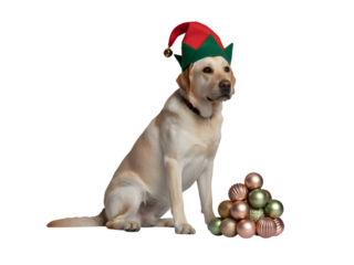 Adorable Labrador dog wearing a festive Christmas elf hat, sitting beside a stack of elegant holiday ornaments on a pure black background. Perfect for cheerful seasonal pet themes and Xmas greeting