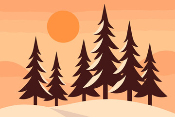 Obraz premium Golden Hour Pines. Golden hour pine silhouettes minimalist flat illustration of stylized snowy pines against a