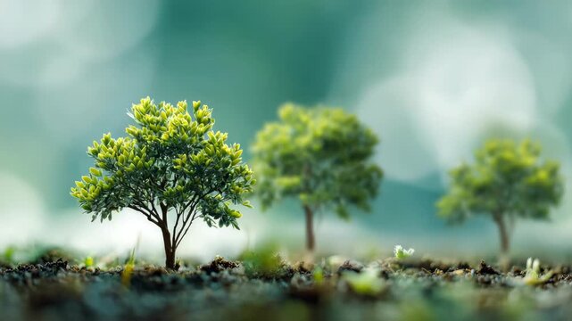 Miniature forest scene with lush green trees and soft focus background