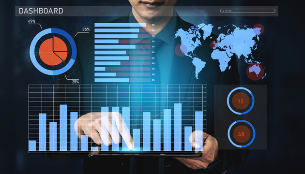This image showcases a modern business analytics dashboard featuring data visualization elements, including graphs, charts, and a global map for strategic decision making. Impute