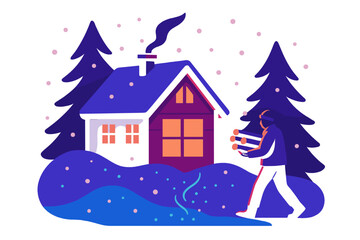 Fototapeta premium Cozy Snowy Cabin. Cozy cabin evening. Warmly lit cabin windows glow through falling snow as a figure carries