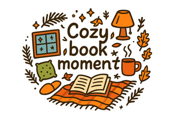 Naklejka premium Cozy Reading Nook. Cozy book moment. Hand-drawn doodle illustration of Cozy book moment. warm blanket, open