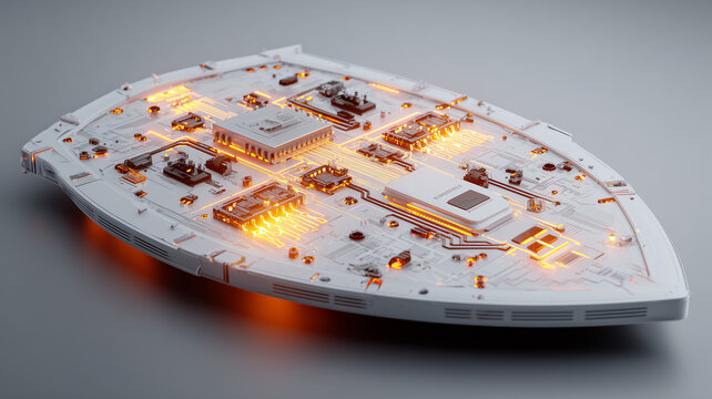 A futuristic circuit board in the shape of a shield represents cybersecurity technology, hardware protection and secure digital infrastructure.
