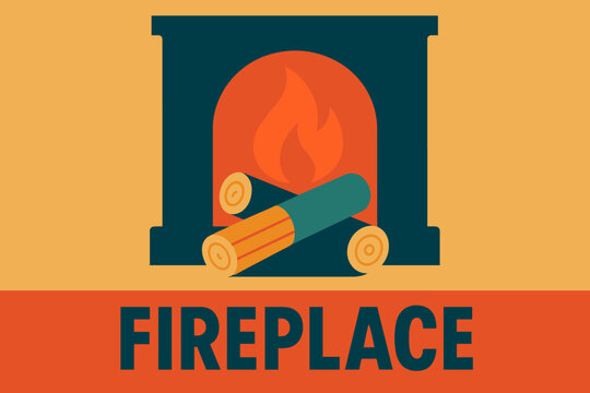 Modern Fireplace Design. Fireplace with wood logs. Modern minimalist poster banner, bold sans-serif typography