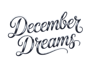 "December Dreams" elegant script typography with frosty snow effect, perfect for winter holiday greeting cards, Christmas banners, seasonal promotions, and festive design projects.