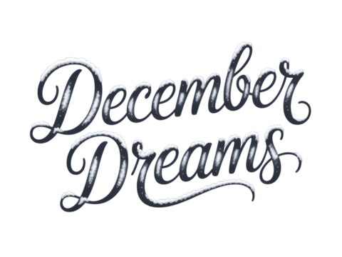 "December Dreams" elegant script typography with frosty snow effect, perfect for winter holiday greeting cards, Christmas banners, seasonal promotions, and festive design projects.
