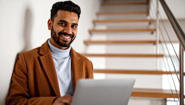 Smiling man using a laptop while leaning on a staircase indoors