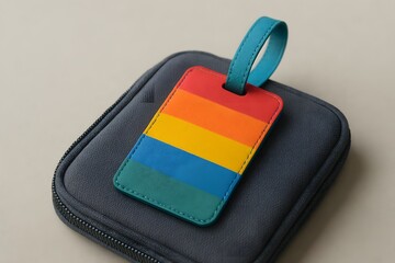 Colorful rainbow luggage tag resting on a fabric pouch