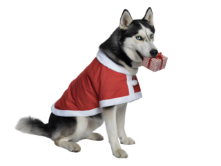 Adorable Siberian Husky dog wearing a festive Santa costume, proudly holding a wrapped Christmas gift in its mouth. Perfect for holiday greetings, pet-themed promotions, and seasonal designs.