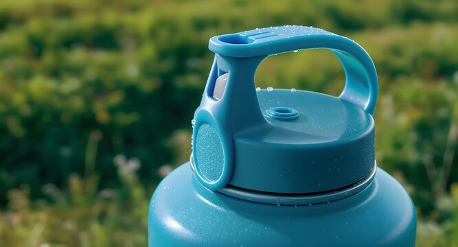Close-up of a teal reusable water bottle with condensation