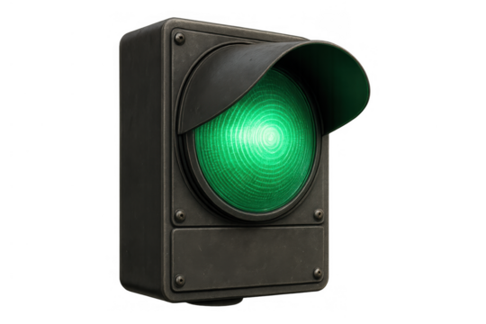 Traffic light showing green signal for forward movement, go permission, safety, control, isolated with transparent background