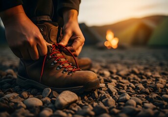Person preparing boots to hike in the outdoors beside a campfire